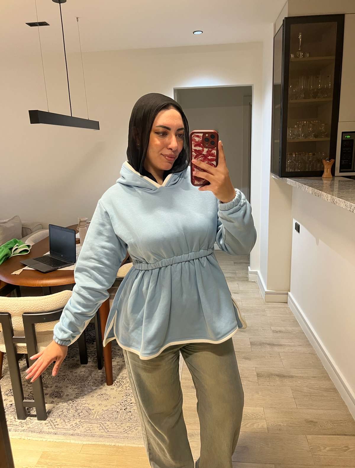 Waisted long hoodie baby blue