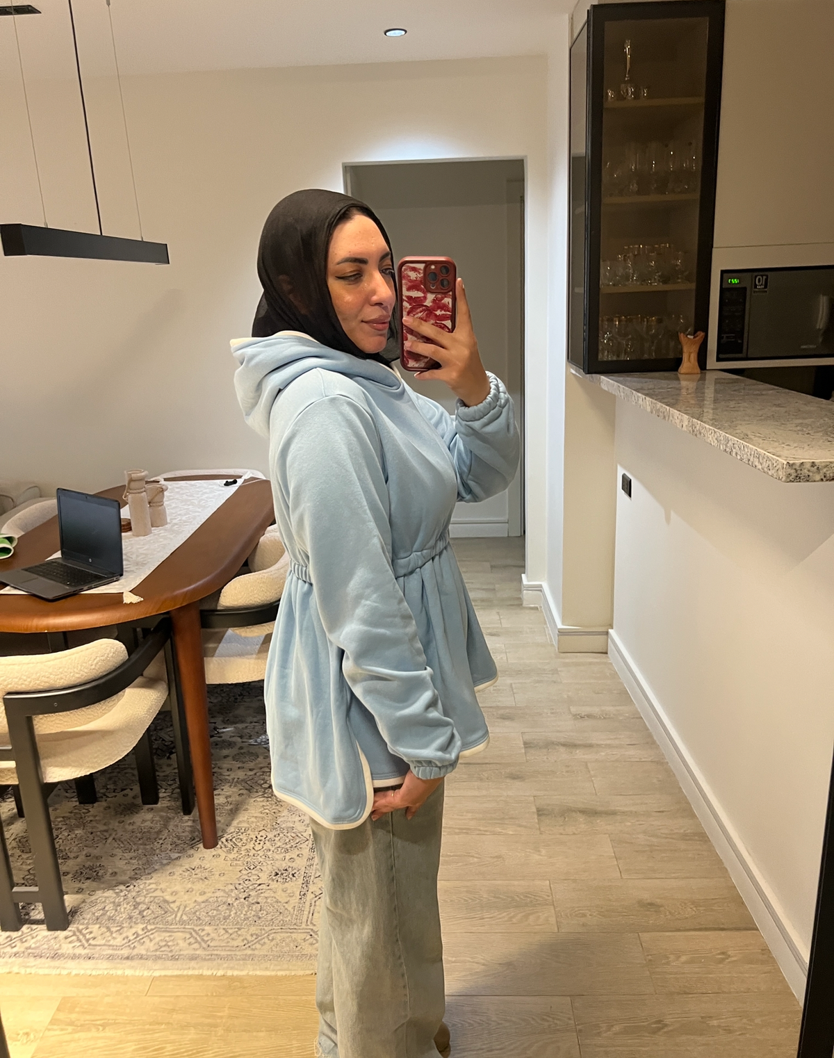 Waisted long hoodie baby blue