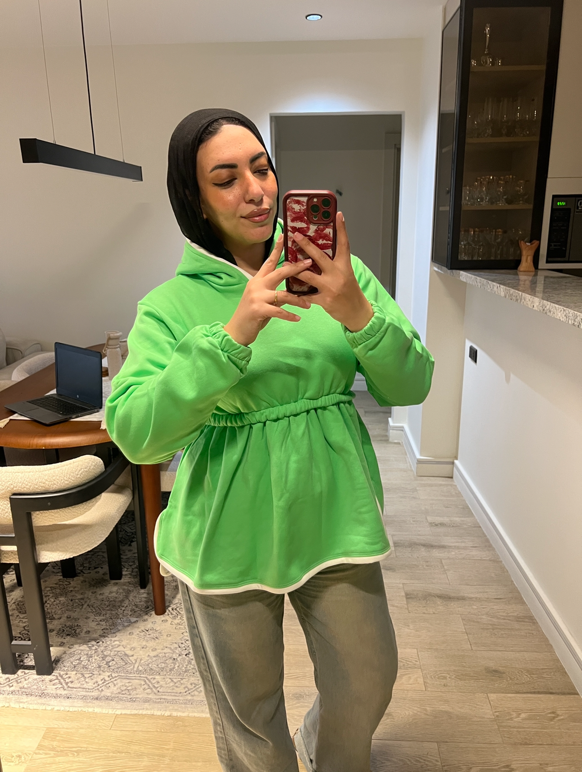 Waisted long hoodie lime green