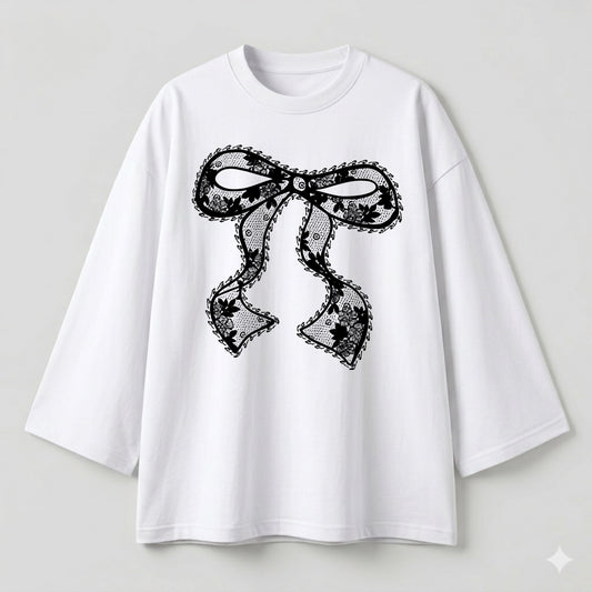 Lace bow white oversize tshirt