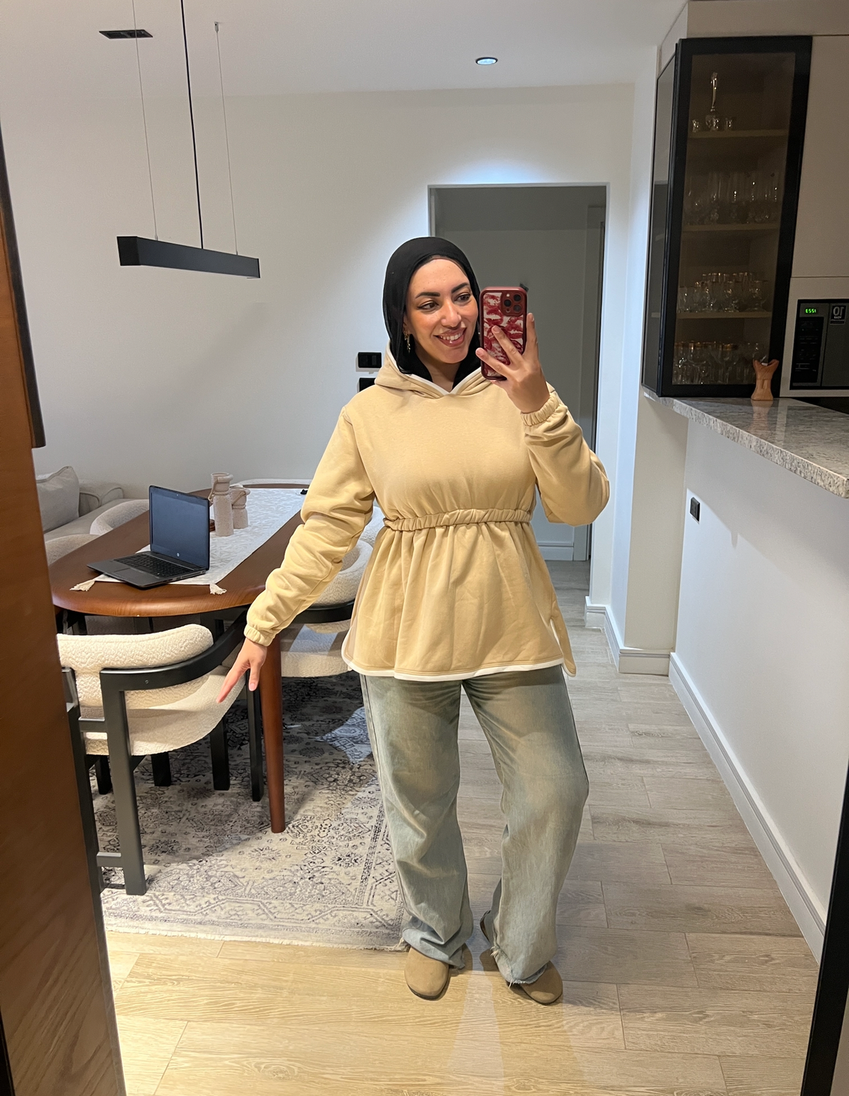 Waisted long hoodie beige